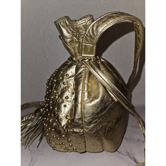Viva Of California Gold Leather Studded Tassels Vintage Bucket Handbag 11x10x5 - Picture 6 of 14